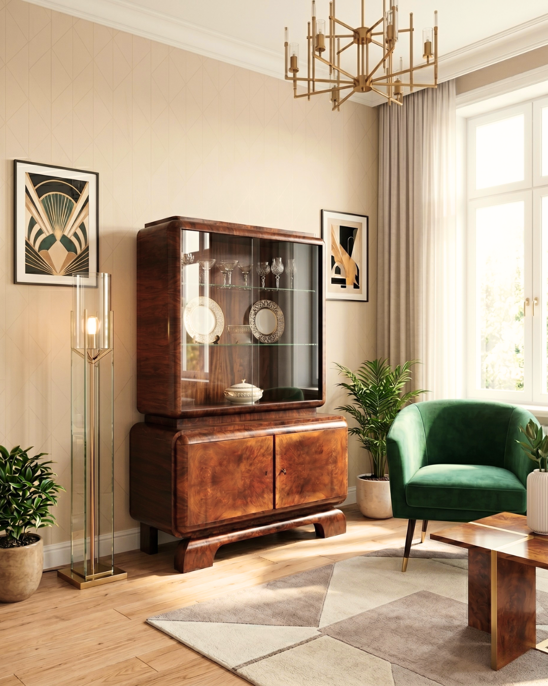 Edle Art Deco Vitrine Nussbaum Vitrine massiv Holz Antik Schrank Regal Vitrinenschrank