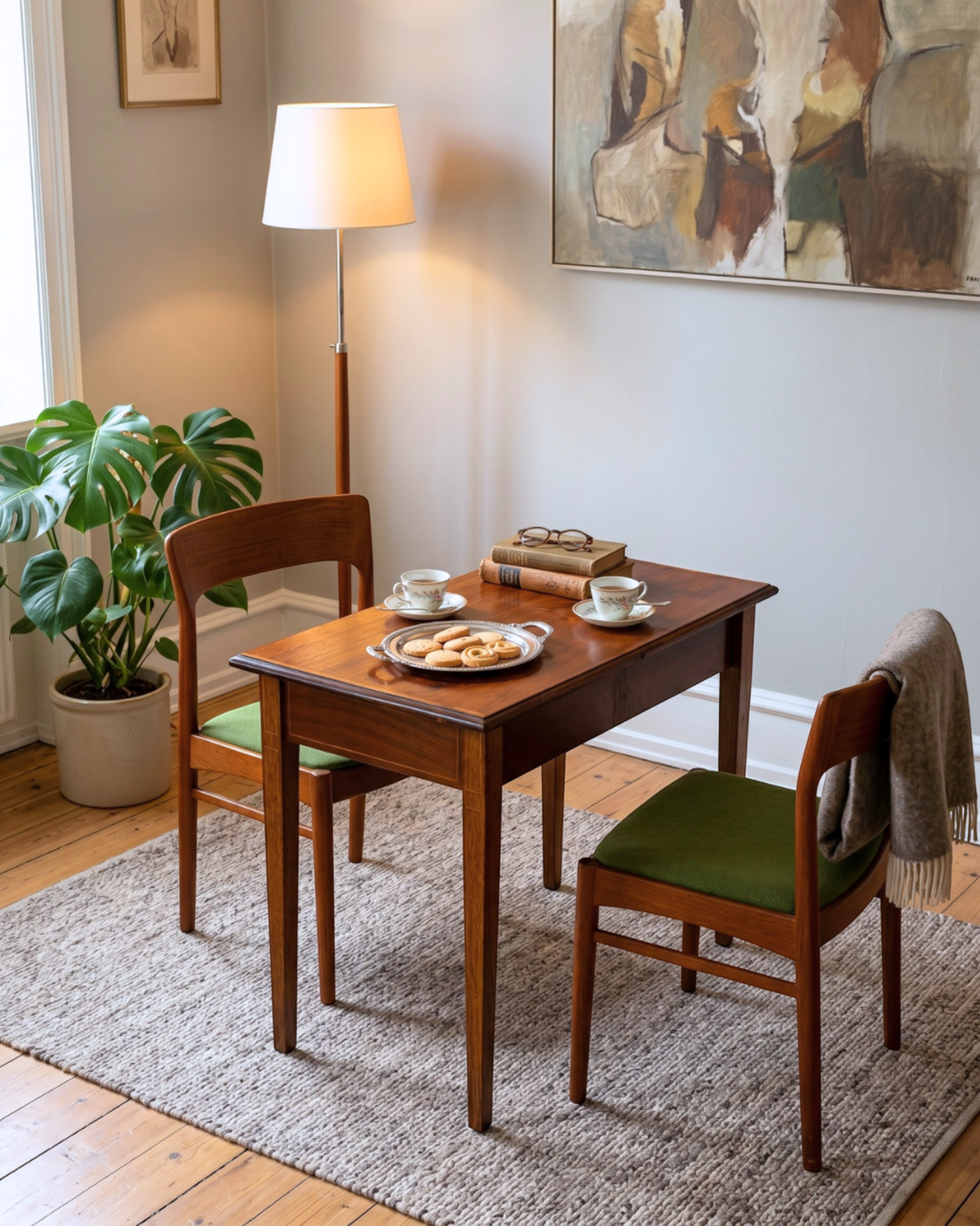 Hauptstadt Möblerei Mid Century Esszimmerstühle aus Teakholz mit grünem Bezug im skandinavischen Design