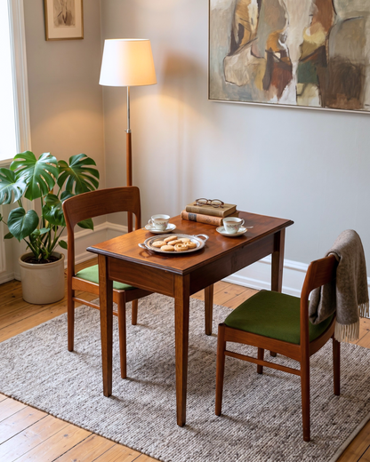 Hauptstadt Möblerei Mid Century Esszimmerstühle aus Teakholz mit grünem Bezug im skandinavischen Design