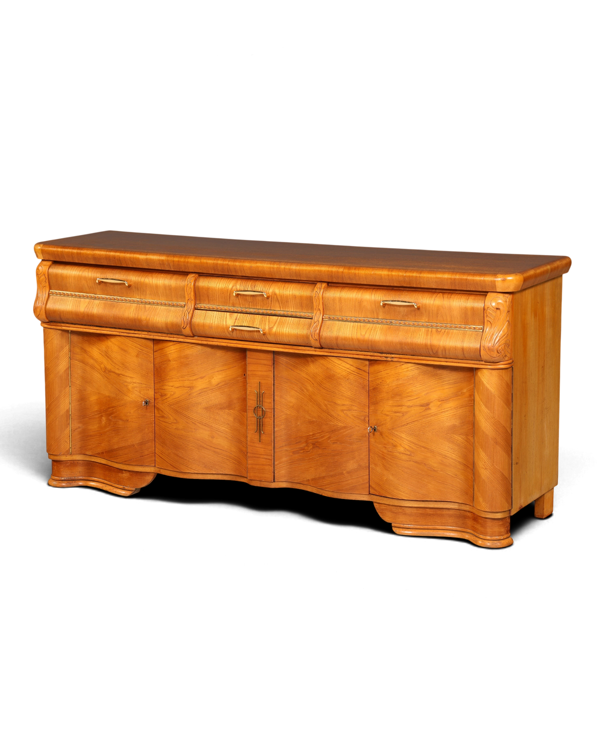 Hauptstadt Möblerei Anrichte aus hellem Holz im Art-Déco-Stil mit geschwungenen Fronten und goldenen Griffen