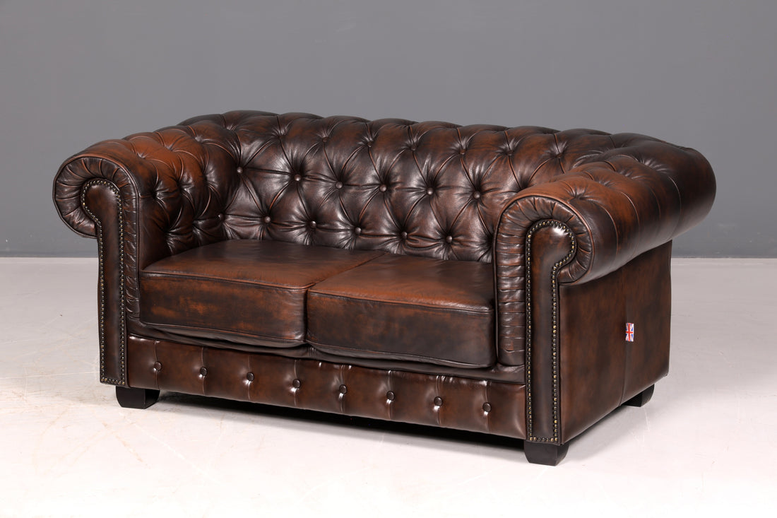 Prachtige originele Chesterfield-bank, 2-zitsbank, Engelse leren bank, echt leer, gestoffeerde bank, Engels vintage