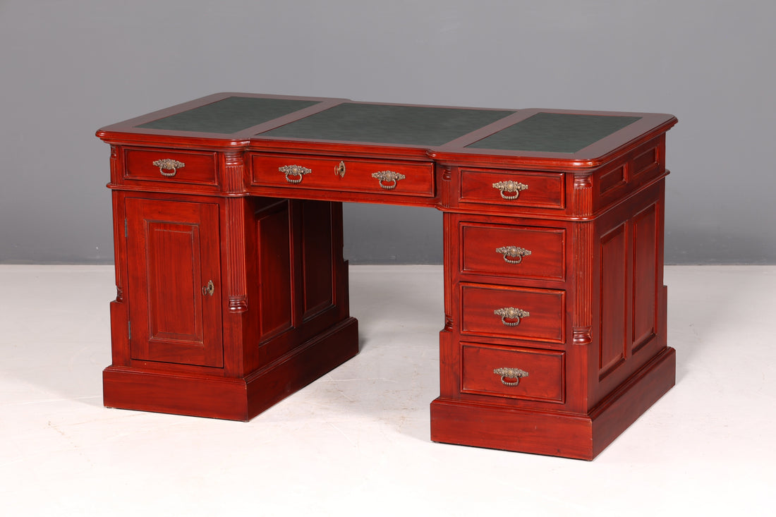 Prachtig Engels mahoniehouten bureau met leren blad, partnerdesk, kantoorbureau, antiek vintage
