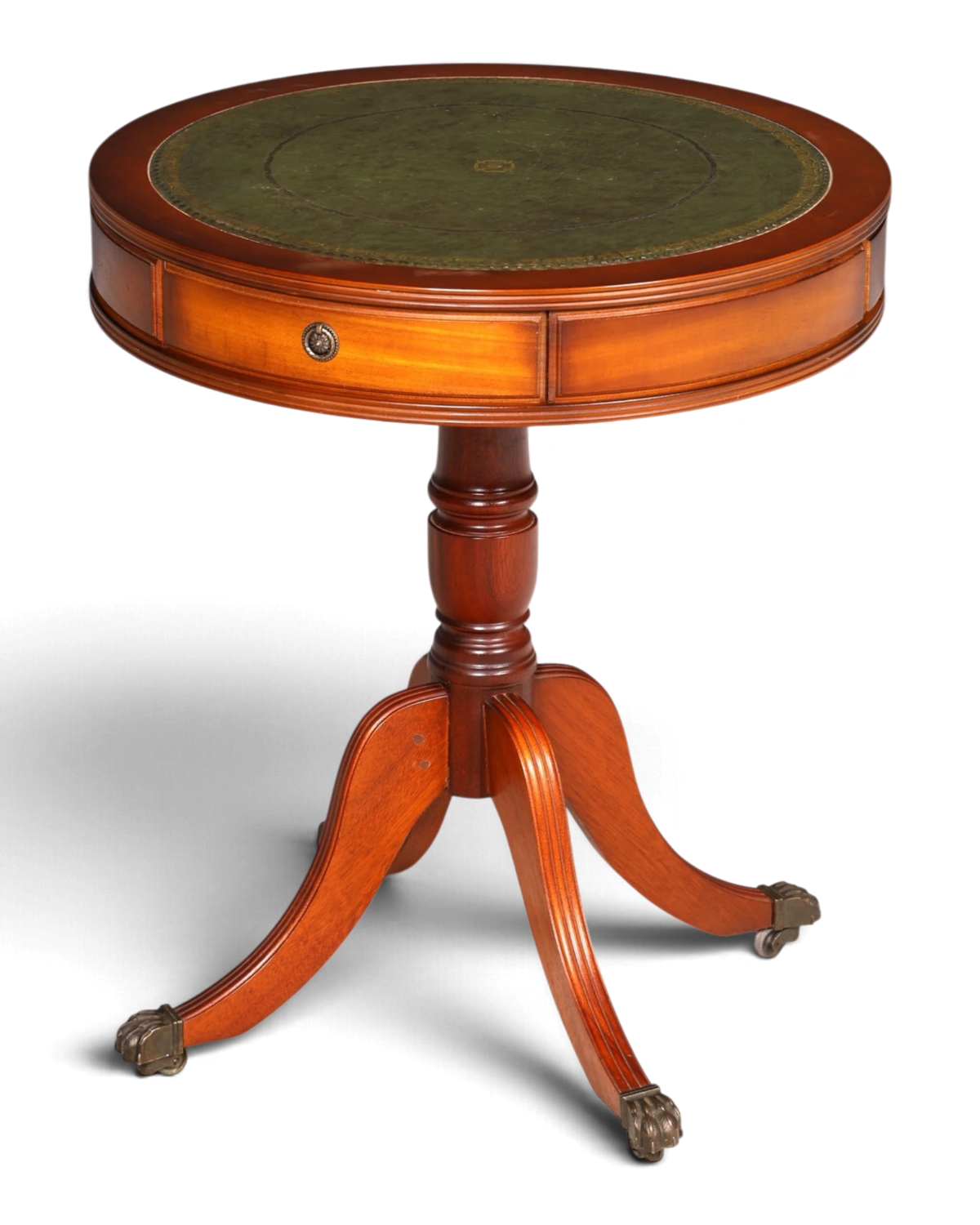 Beautiful English yew drum table, side table, leather top, coffee table, vintage
