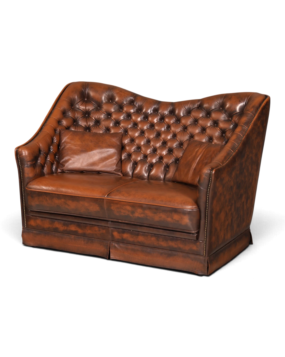 Zeldzame Engelse Chesterfield-bank voor 2 personen, leren bank van echt leer, bruin, capitonnage, clubbank, gestoffeerde bank, vintage
