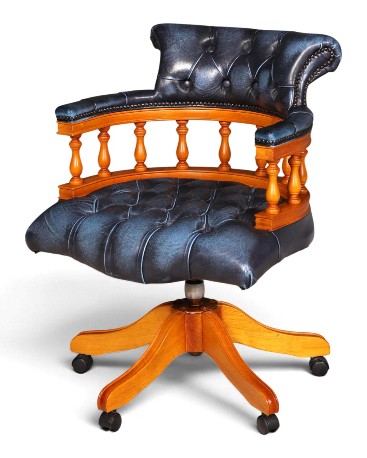 Edler englischer Chesterfield Captain Chair Leder Blau Bürostuhl Drehstuhl Schreibtischstuhl