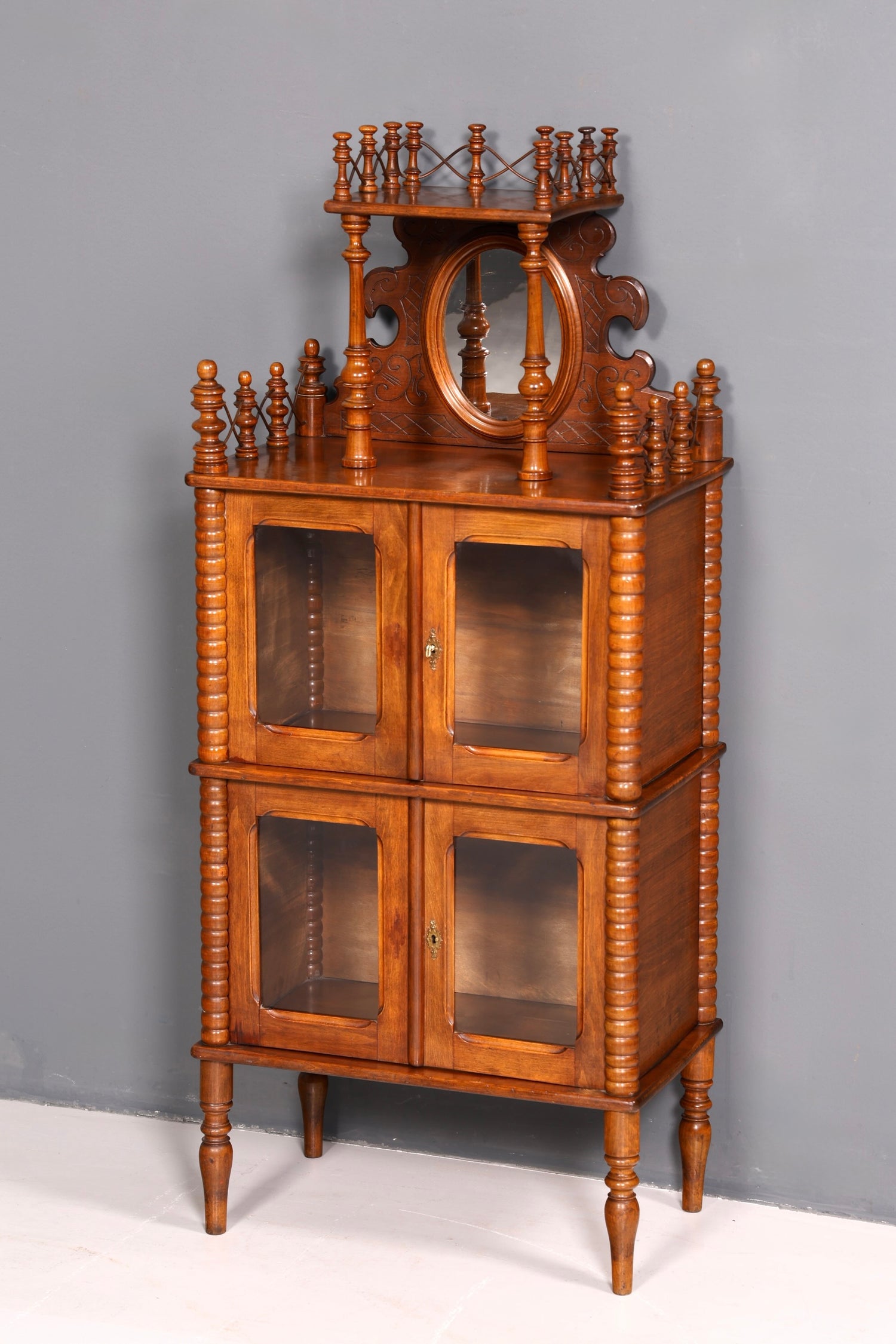 Edle Gründerzeit Vitrine um 1880 Schränkchen Antik Louis Philippe Etagere Vertiko Nussbaum Glasvitrine Bücherregal Schrank Vintage