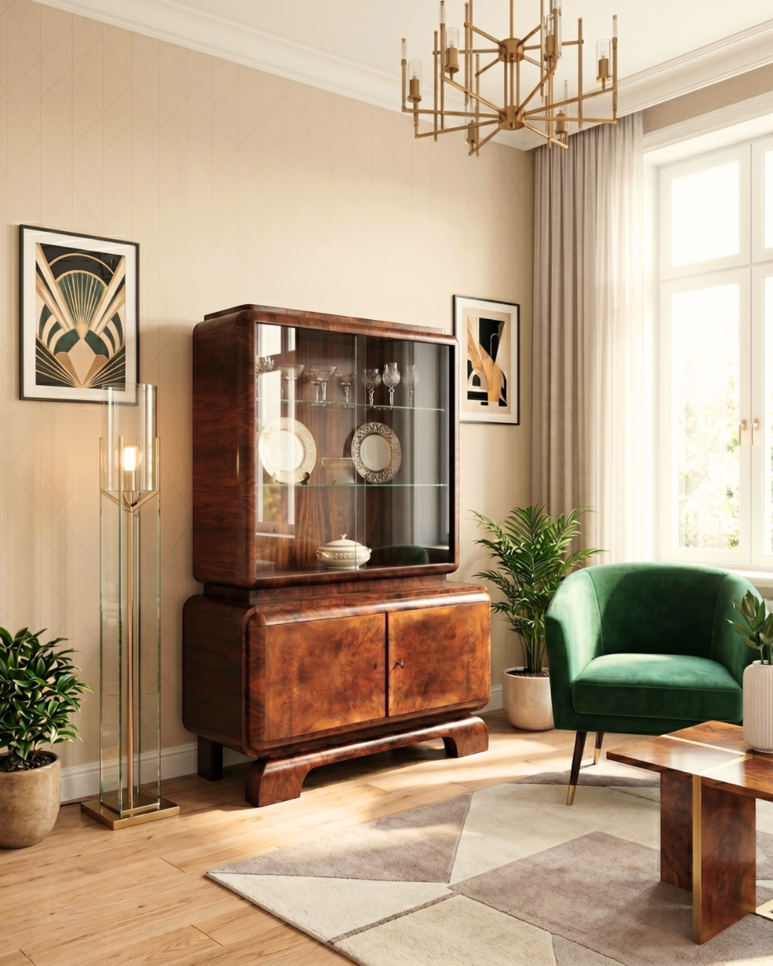 Hauptstadt Möblerei Art Deco Vitrine aus massivem Nussbaumholz mit Facettenschliff Glas in einem eleganten Wohnzimmer
