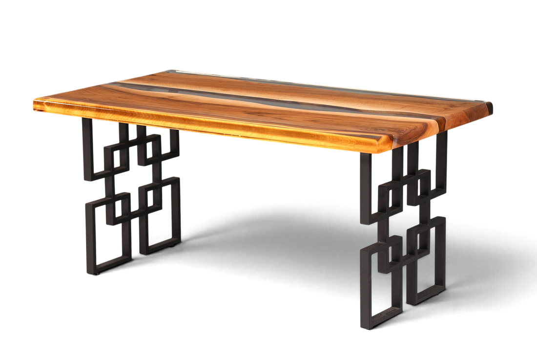 Hauptstadt Möblerei Esstisch aus massivem Nussbaumholz mit klarem Epoxidharz River Table Design und schwarzen Metallbeinen