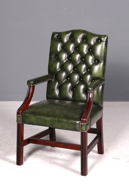 Wunderschöner Original Chesterfield Bürostuhl Grün Echt Leder Englisch Herrensessel Armlehnstuhl Drehsessel UK
