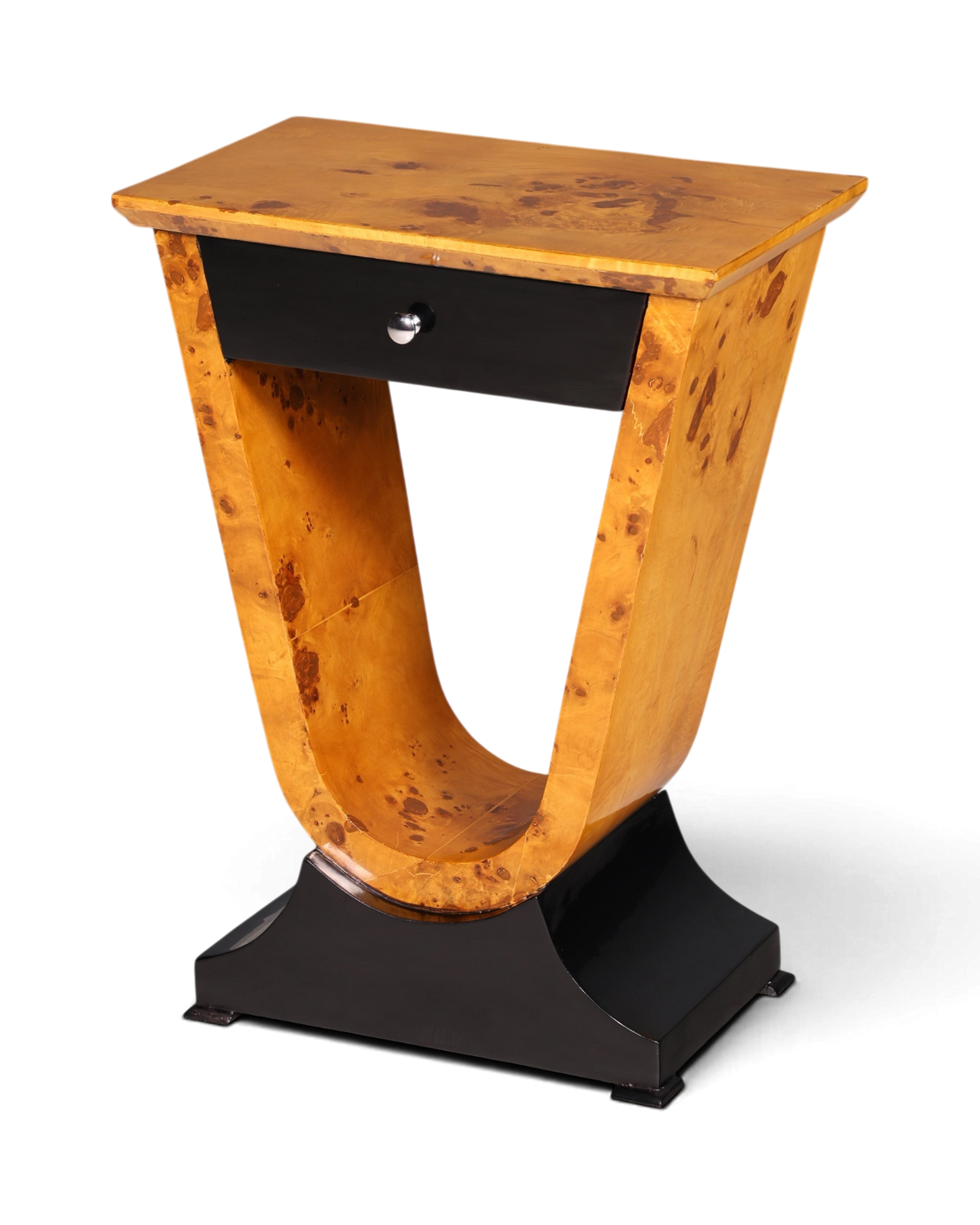 Hauptstadt Möblerei Art Deco Kommode aus Birkenholz mit schwarzer Schublade und geschwungenem Design