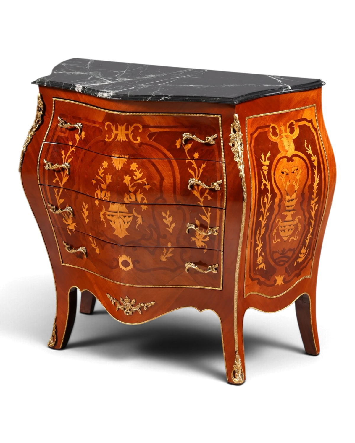 Prachtvolle Bauchige Barock Kommode Messing Marmor Louis XV Sideboard Antik Stil