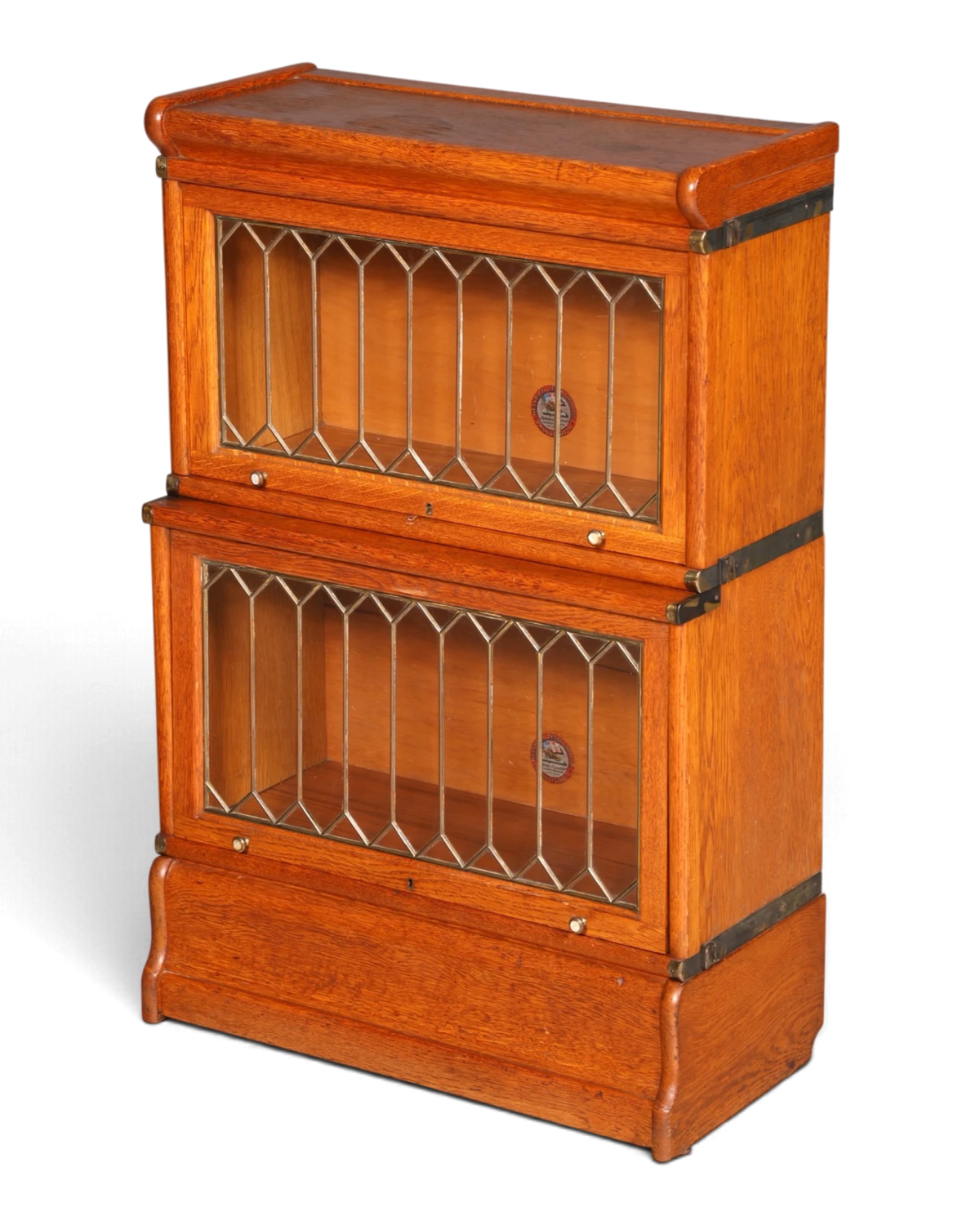 Zeldzame Heinrich Zeiss modulaire boekenkast met glas-in-looddeuren, vitrine, massief hout