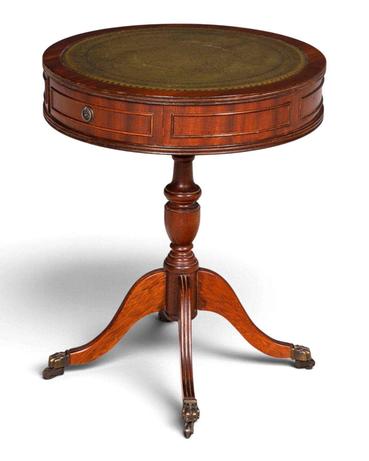 Prachtige Engelse trommeltafel van mahonie met leren blad, bijzettafel, drum table, ronde salontafel