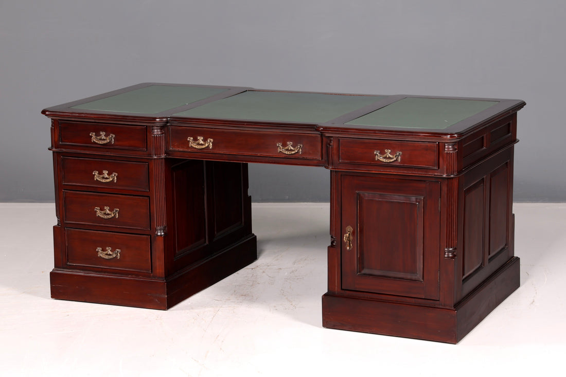 Prachtig Engels bureau van mahonie met echt leren blad, kantoortafel, partnerbureau, bureautafel, antiek, vintage