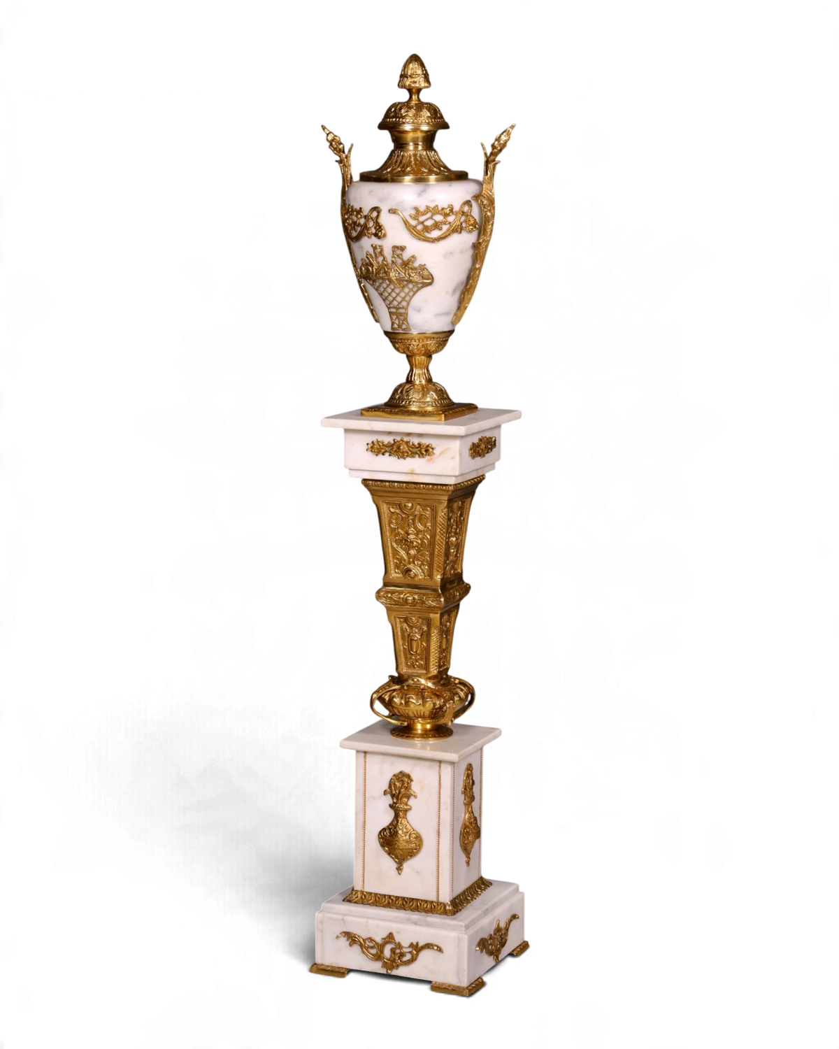 Prachtige barokstijlzuil Louis XV, wit marmer, bloemenstandaard, sokkel, plateau, decoratiezuil