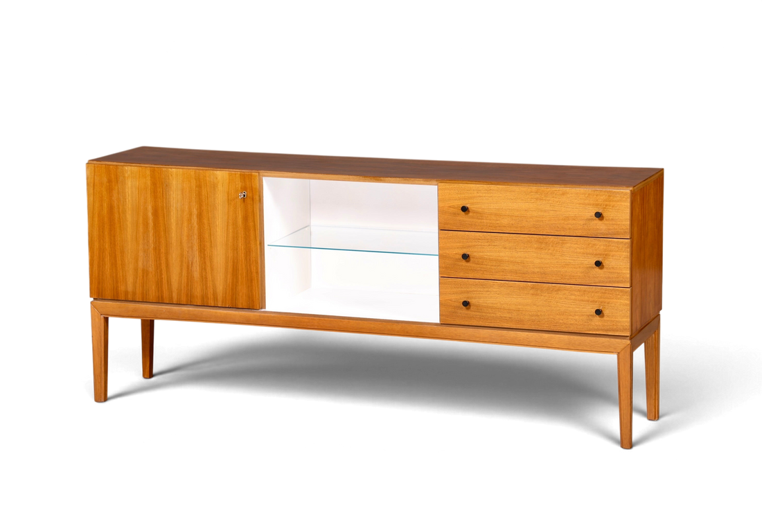 F969 Finish cm Schlichtes Mid Century Sideboard Vintage TV Kommode 60s Schrank Longboard Retro Lowboard