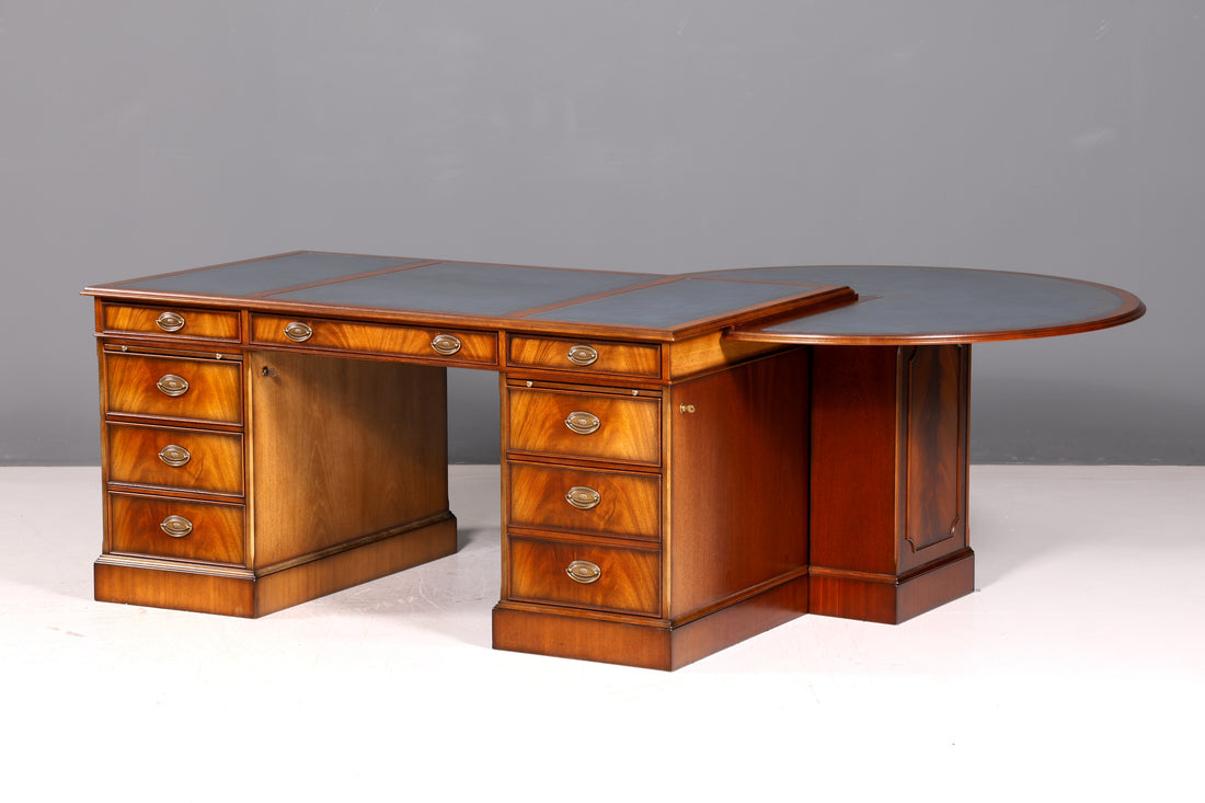 Beautiful Original Heldense Desk Mahogany Genuine Leather Top English Antique Style Executive Desk Partner Desk Office Table with Meeting Extension