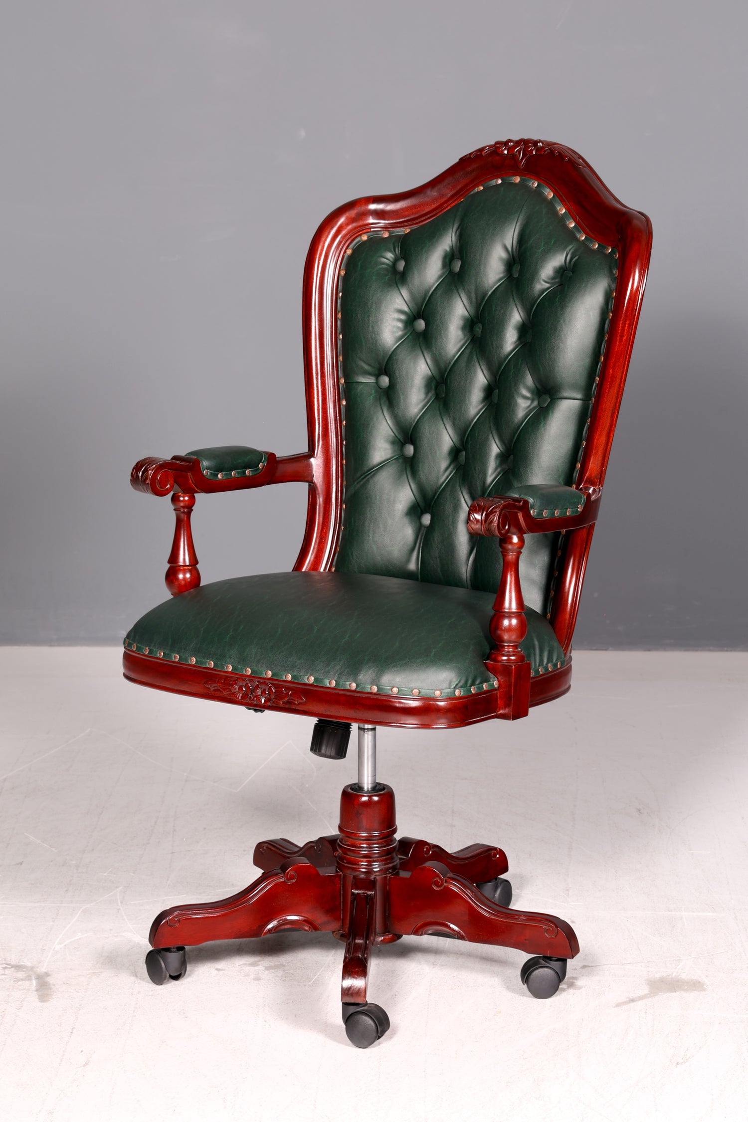 Luxe Chesterfield-bureaustoel voor directie, groen mahonie, bureaustoel, draaistoel, Engelse vintage stijl