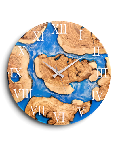 Wunderschöne Handgefertigte Epoxidharz Wanduhr Olivenbaum Blue Sea Uhr Epoxy Analog Uhr