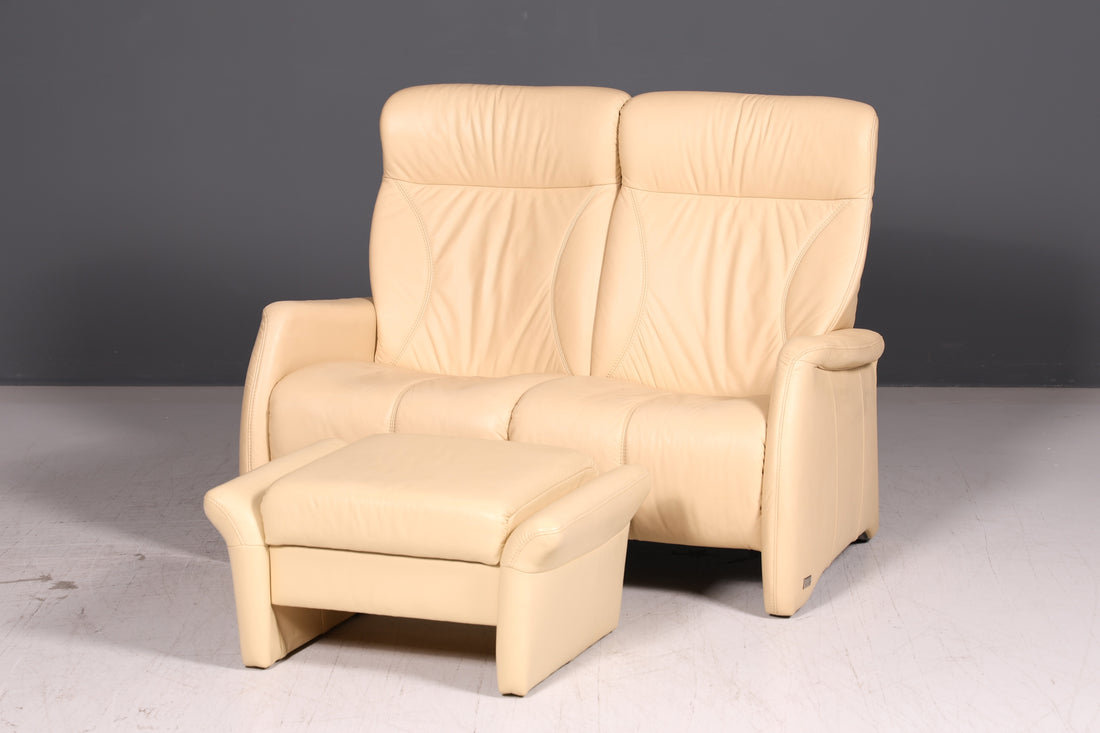 Elegant Himolla Cumuly 2-zits leren bank met voetenbank, echt leer, crèmekleurige relaxbank, vintage