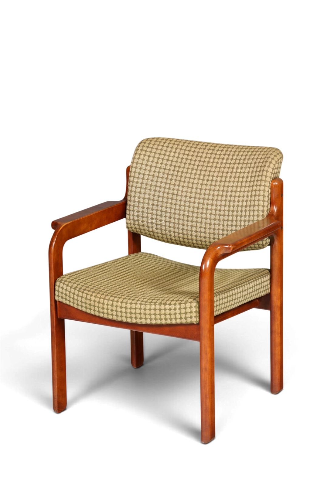 Hauptstadt Möblerei Mid Century Armlehnstuhl aus Holz mit gepolstertem Sitz und Rückenlehne in gemustertem Stoff