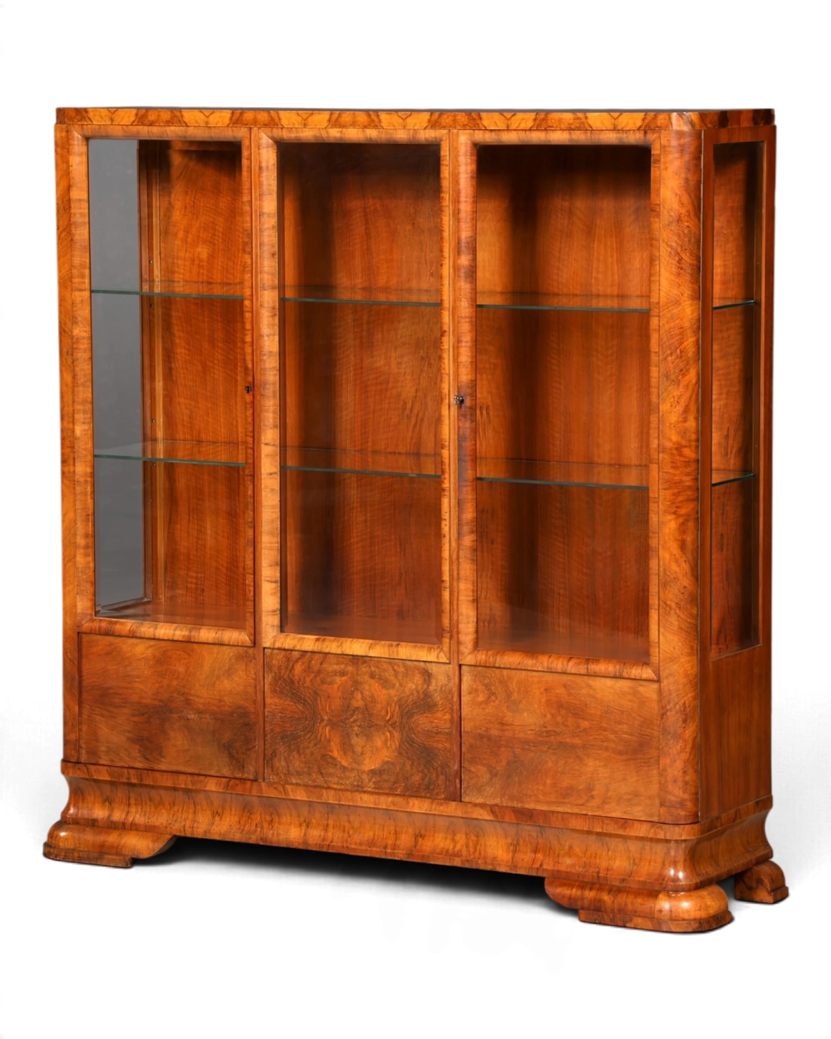 Prachtige art-decovitrinekast van notenhout, glazen vitrinekast met glazen legplanken, antieke kast, vitrinekast, woonkamerkast