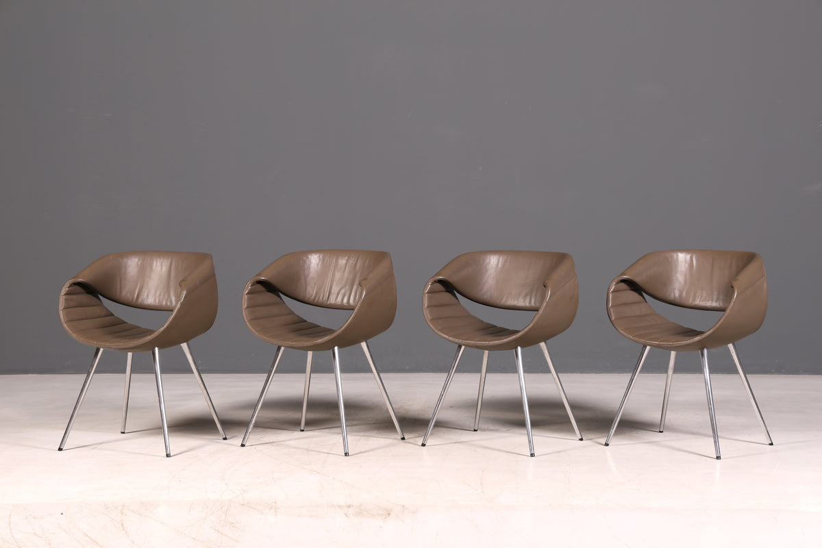 Stijlvolle set van 4 Züco Little Perillo-designfauteuils, leren fauteuils van echt leer, armstoelen, chroom, modern