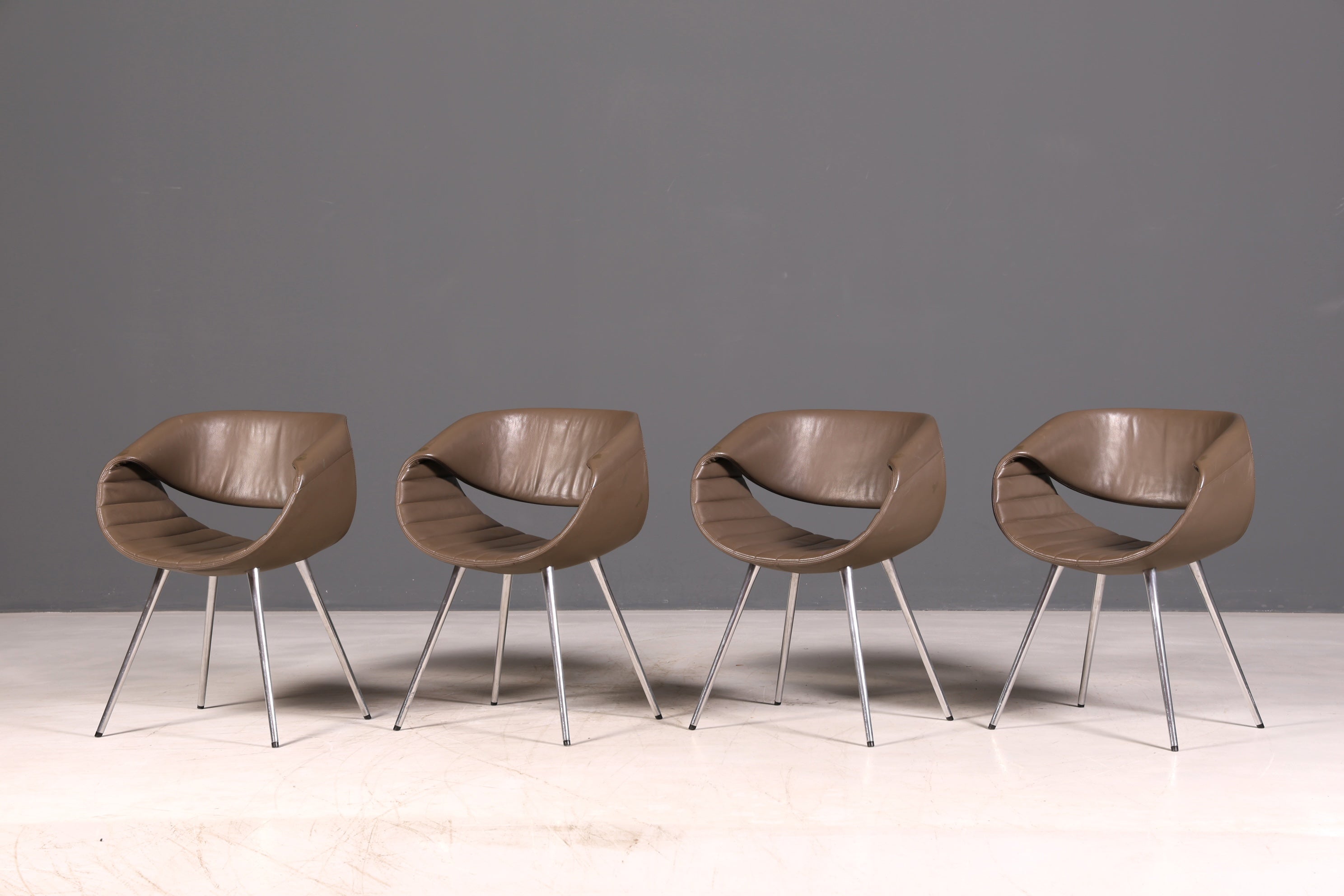 Stijlvolle set van 4 Züco Little Perillo-designfauteuils, leren fauteuils van echt leer, armstoelen, chroom, modern