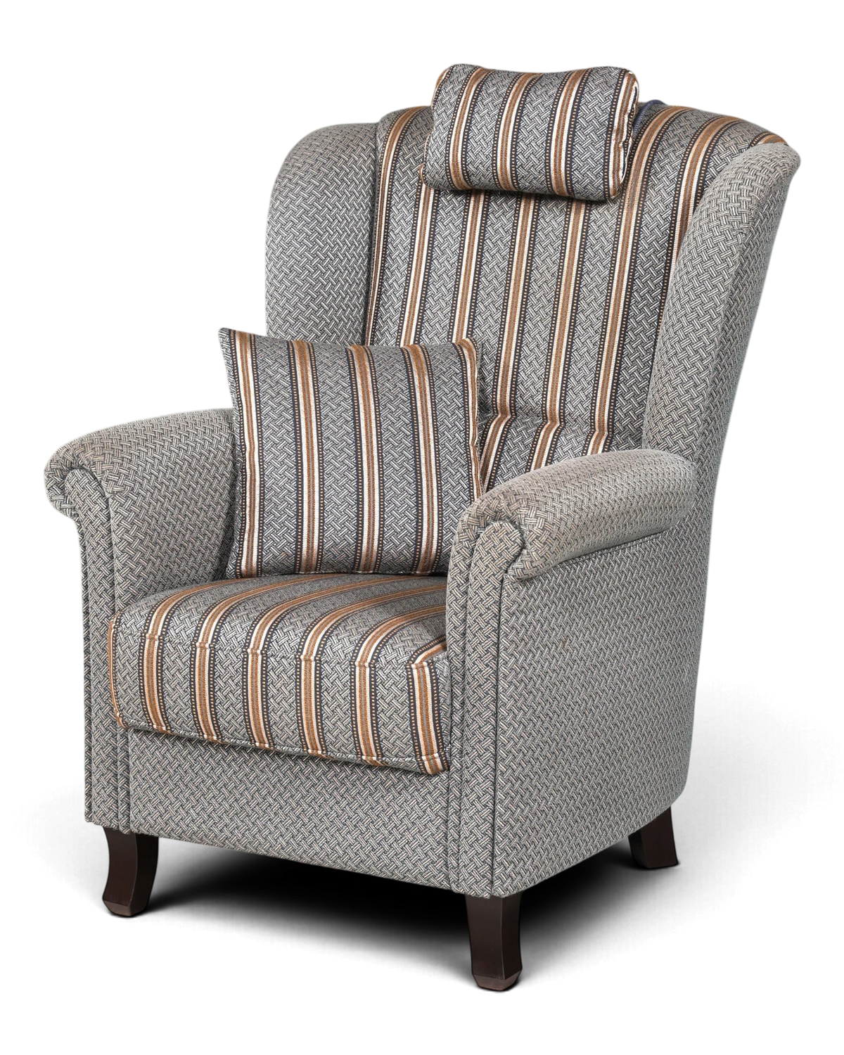 Prachtige oorfauteuil in Engelse stijl, grijs-groen gestreept, fauteuil met hoge rugleuning in landelijke stijl, 1 van 2