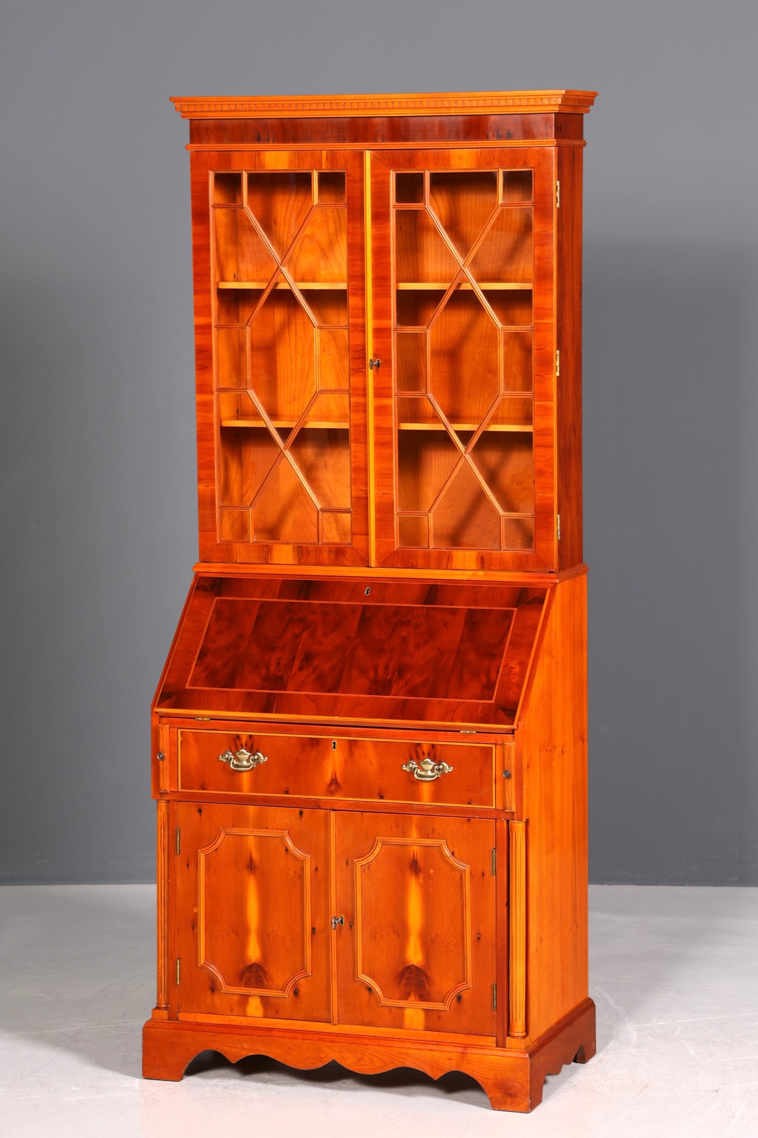 Stylish English secretary desk, office desk, yew wood, antique style, genuine leather top, display cabinet, UK