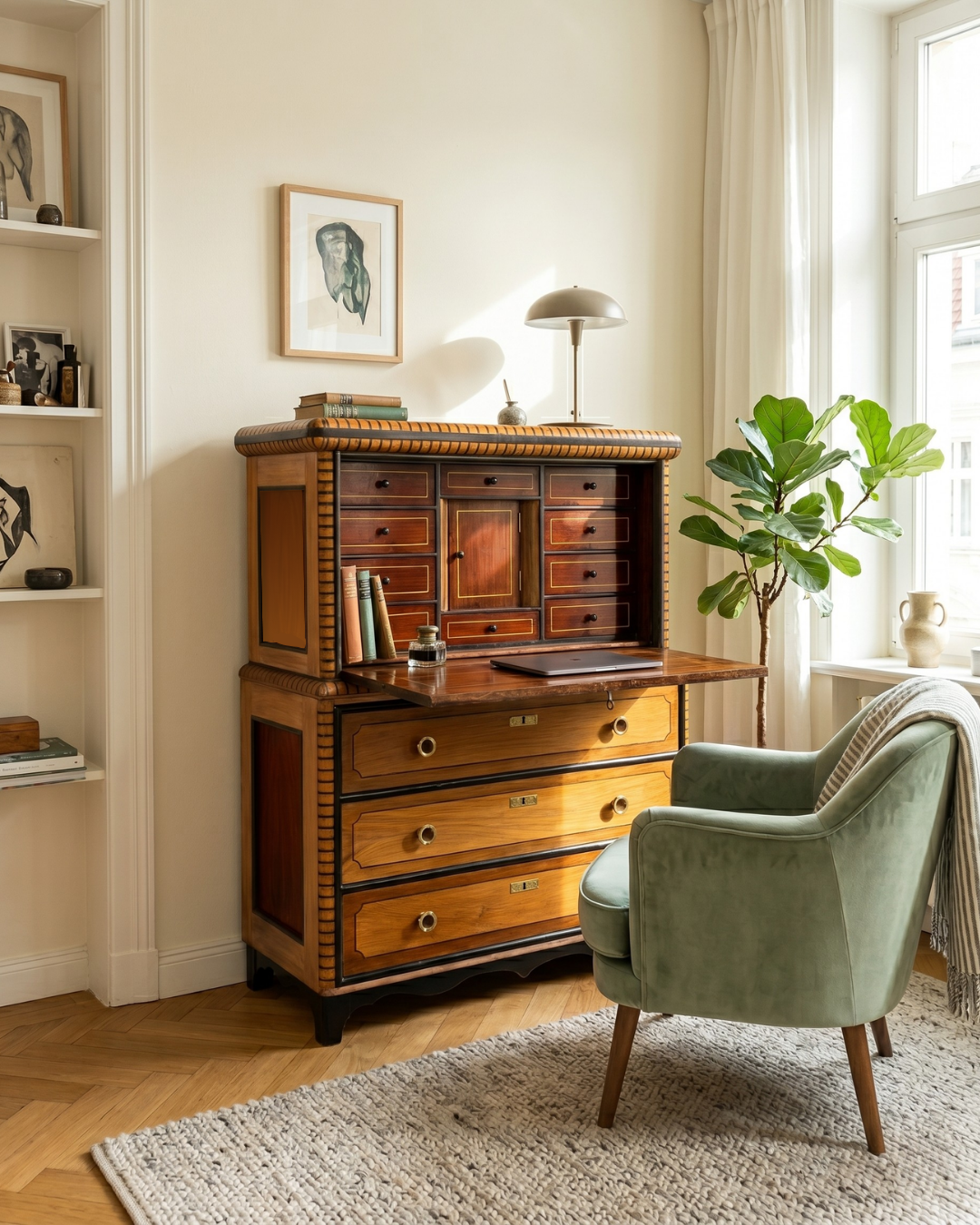 Prachtige antieke secretaire van echt hout schrijfsecretaire vertiko ladekast bureau
