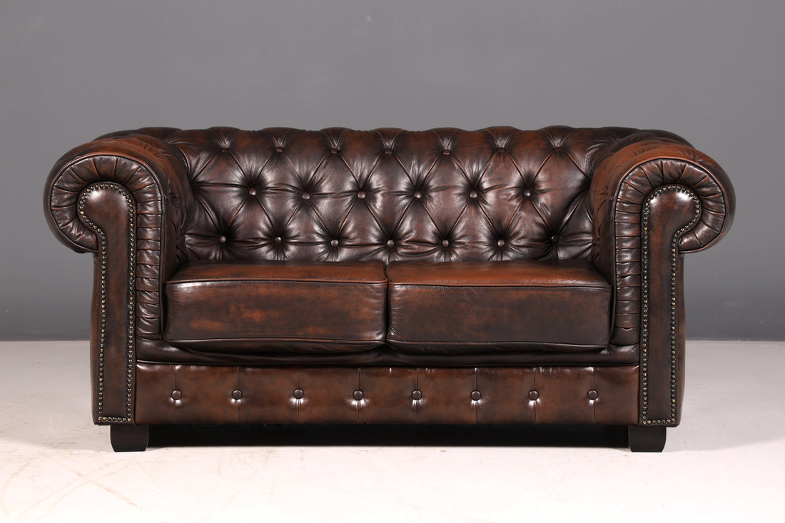 Prachtige originele Chesterfield-bank, 2-zitsbank, Engelse leren bank, echt leer, gestoffeerde bank, Engels vintage