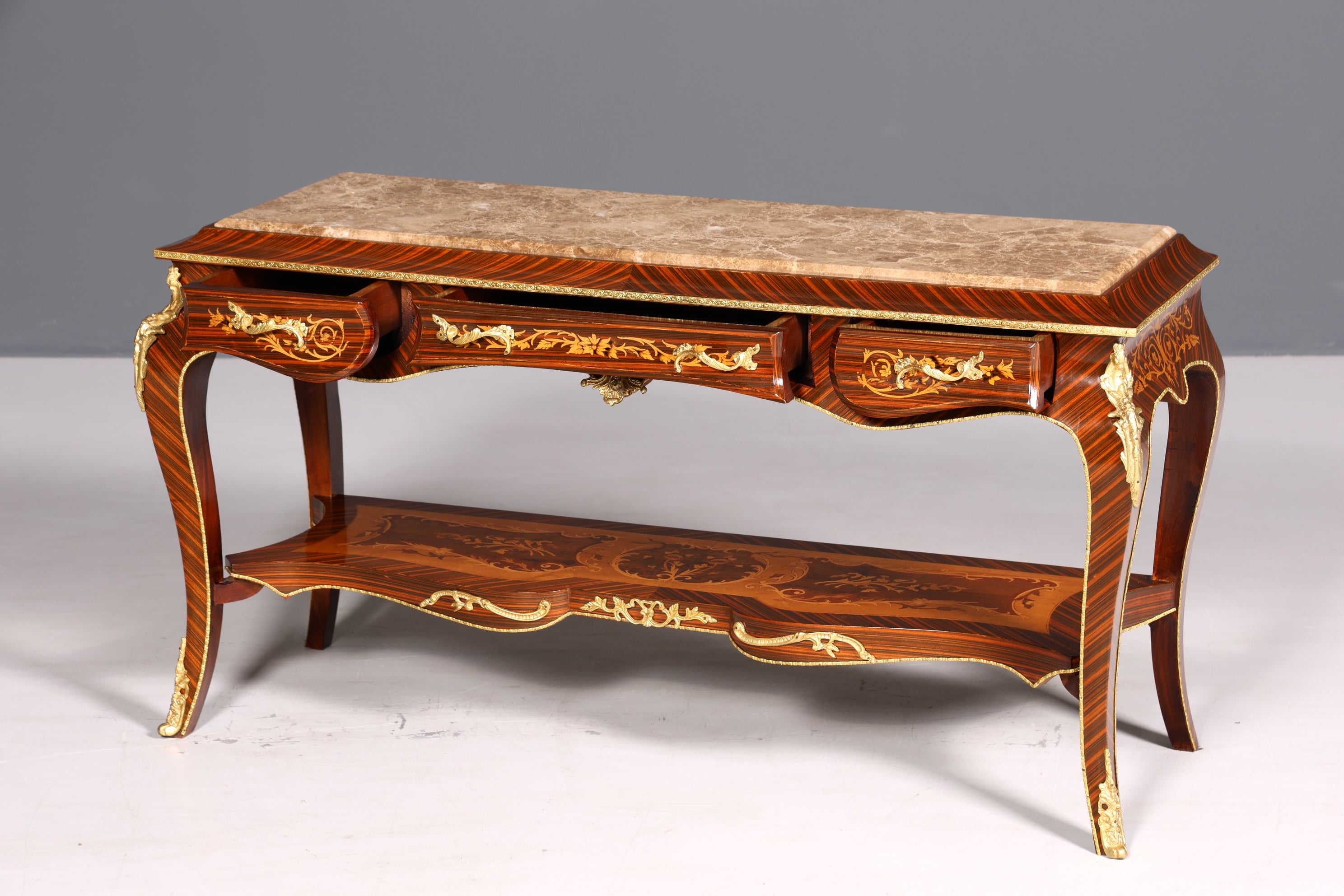 Dreamy Baroque style console table, marble, antique style inlaid console