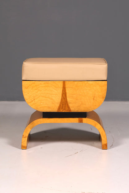 Prachtige kruk in art-decostijl, van berkenhout, zitkruk, voetenbank, antiek, vintage