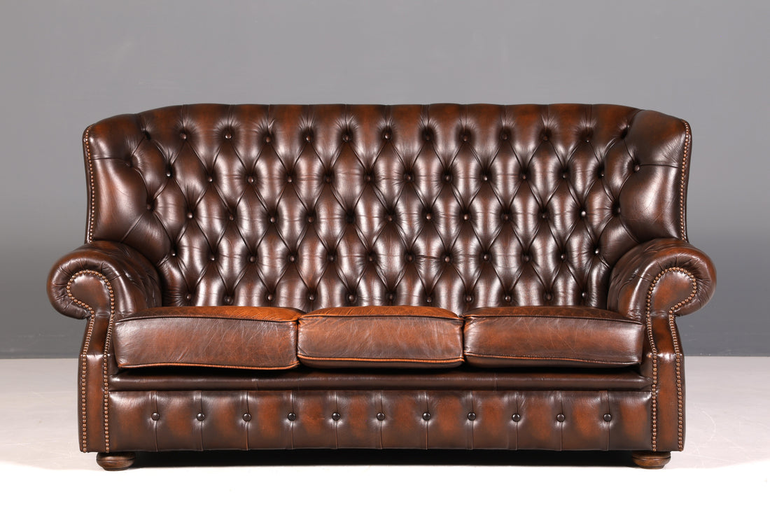 G103 Finish Wunderschönes Original Chesterfield Sofa 3- Sitzer echt Leder Oxblood Couch Englisch