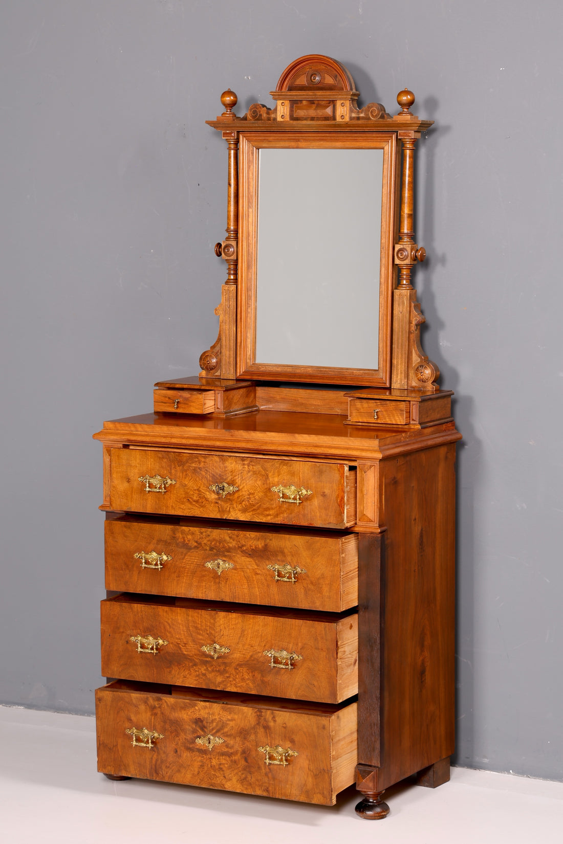 Prachtig dressoir uit de Gründerzeit met spiegelopzet, Louis Philippe, kast van echt hout, antieke hal kast uit circa 1880, vintage