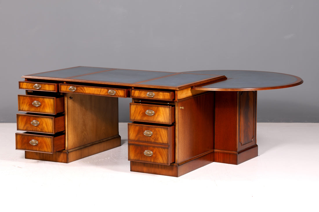 Beautiful Original Heldense Desk Mahogany Genuine Leather Top English Antique Style Executive Desk Partner Desk Office Table with Meeting Extension