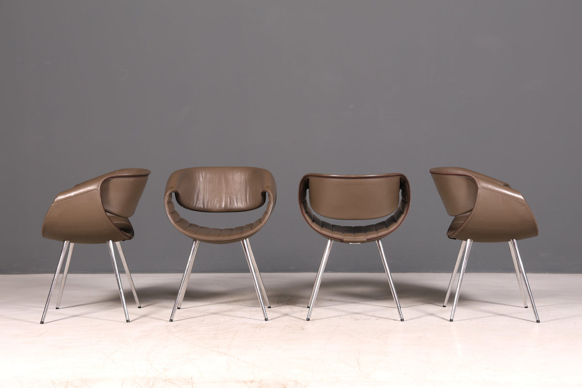 Stijlvolle set van 4 Züco Little Perillo-designfauteuils, leren fauteuils van echt leer, armstoelen, chroom, modern