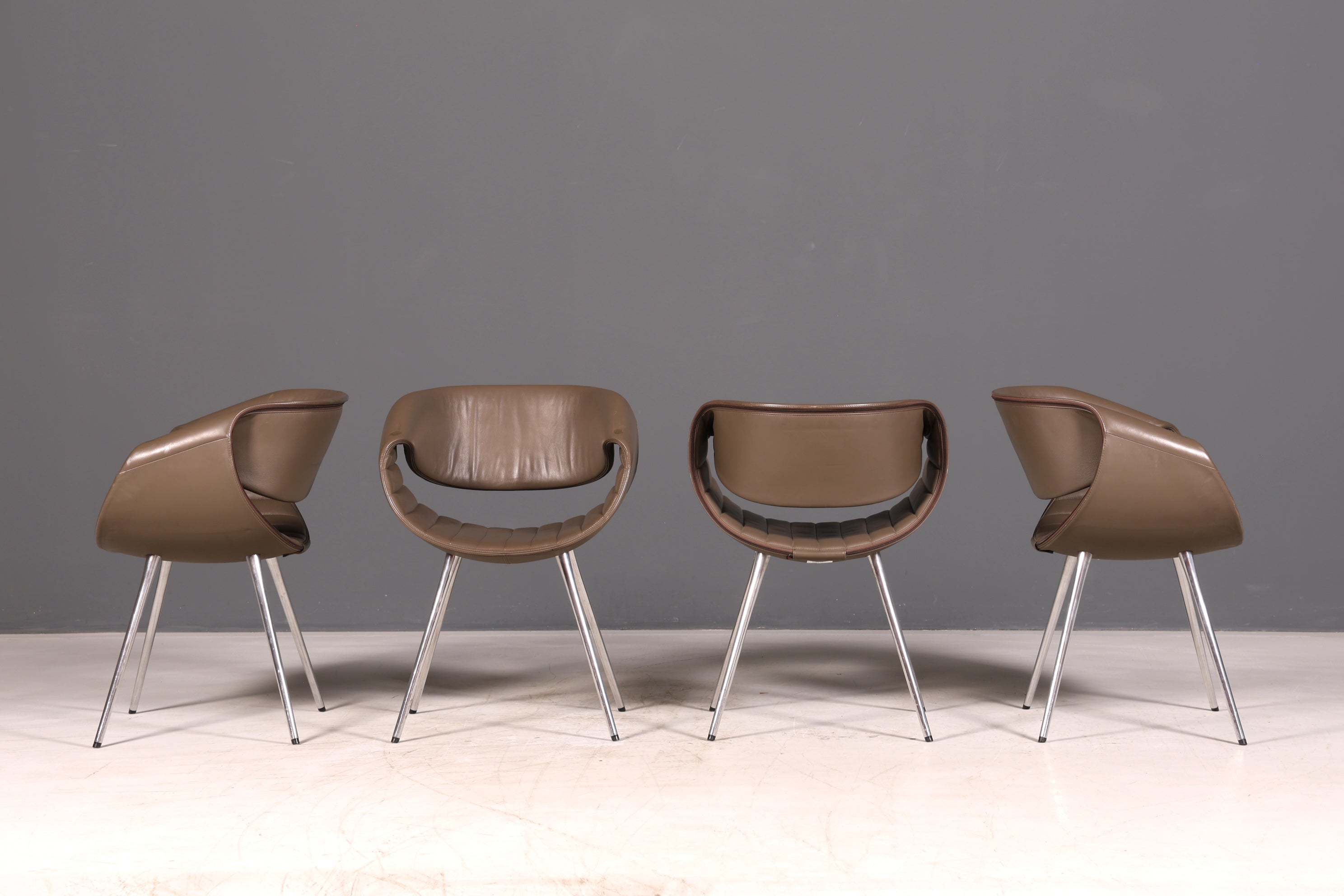 Stijlvolle set van 4 Züco Little Perillo-designfauteuils, leren fauteuils van echt leer, armstoelen, chroom, modern