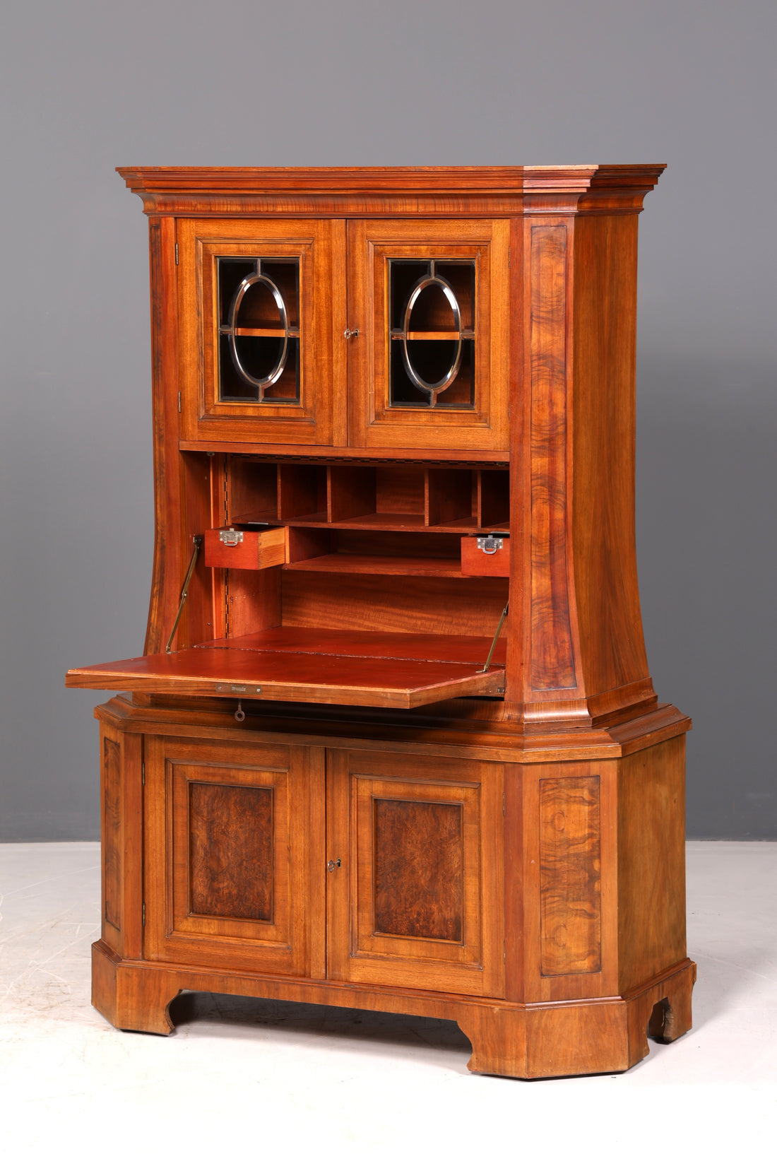Prachtige art-nouveausecretaire, vitrinekast met opzetkast, notenhout, circa 1900, antiek schrijfbureau, vertiko, vintage