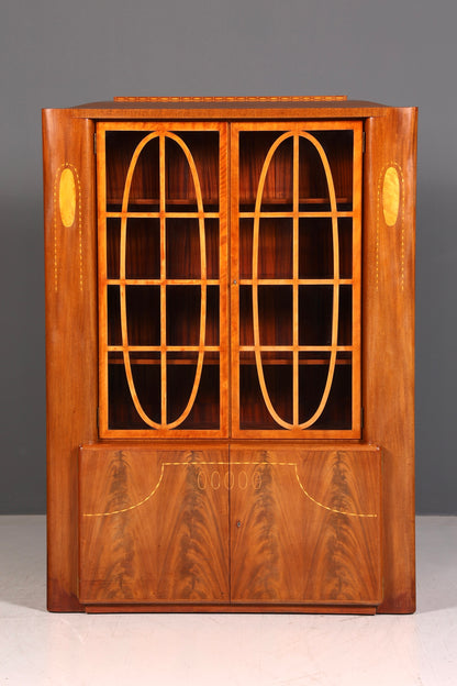 Seltene Original Jugendstil Vitrine Nussbaum massiv Holz Art Deco Antik Schrank Bücherschrank Glasvitrine Vintage