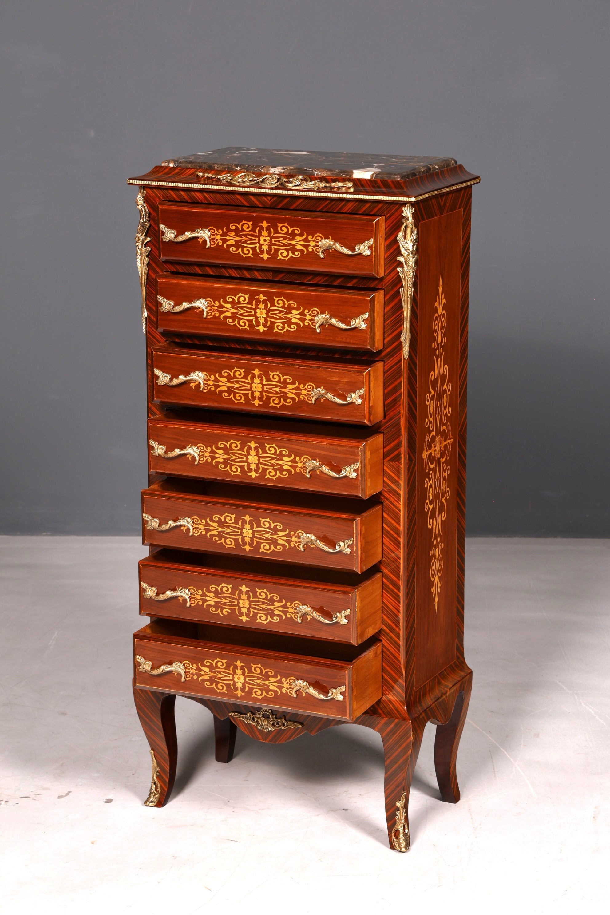 Wunderschönes Barock Stil Louis XV Highboard Marmor Vertiko Intarsien Kommode