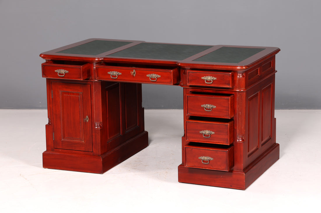 Prachtig Engels mahoniehouten bureau met leren blad, partnerdesk, kantoorbureau, antiek vintage