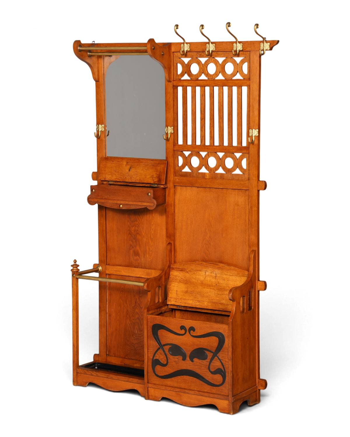 Hauptstadt Möblerei Jugendstil Garderobe aus Eichenholz mit Spiegel, Sitzbank und Messing-Haken