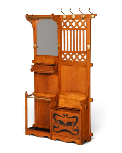 Hauptstadt Möblerei Jugendstil Garderobe aus Eichenholz mit Spiegel, Sitzbank und Messing-Haken