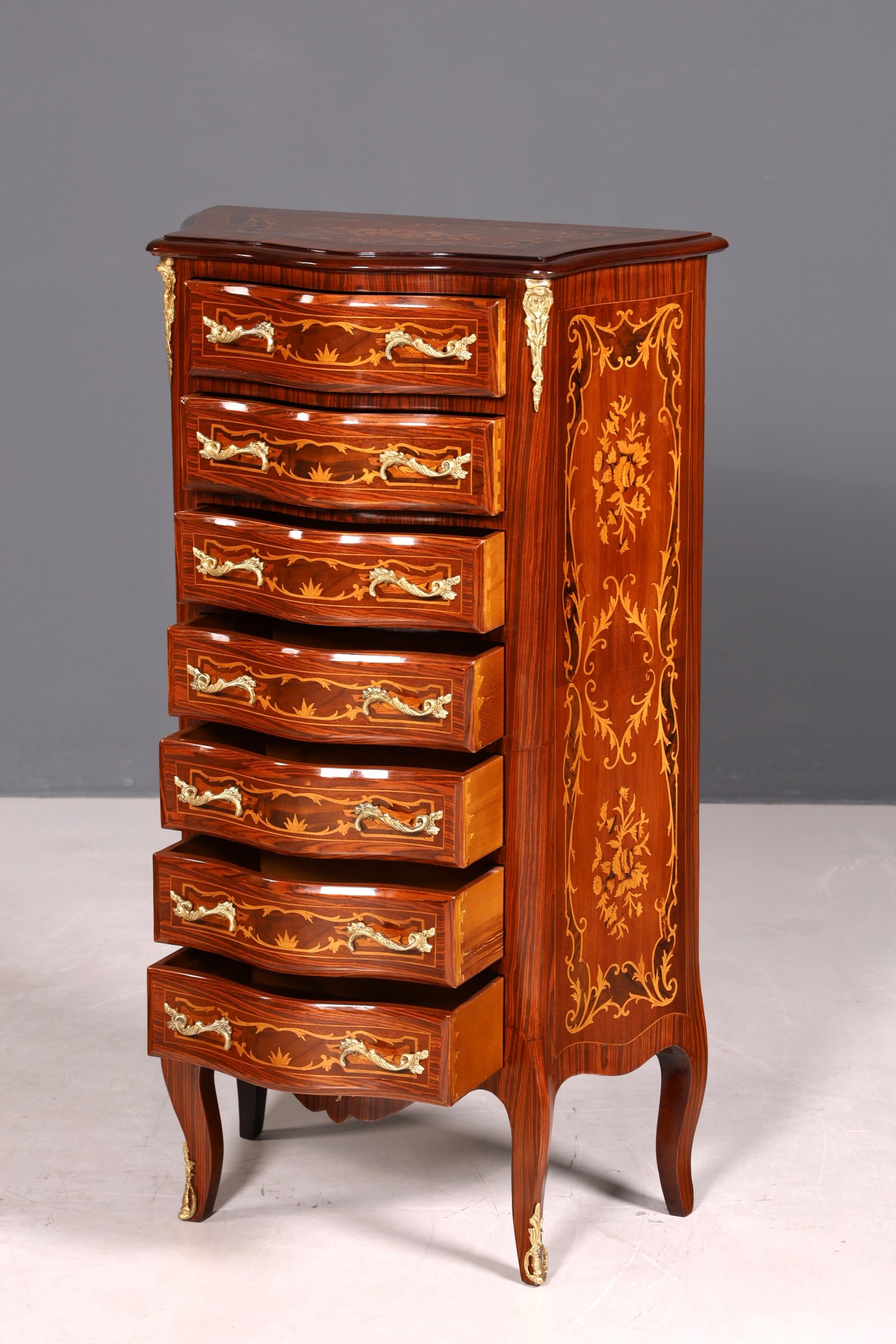 Stilvolles Barock Stil Louis XV Highboard Intarsien Vertiko Kommode Schubladenkommode