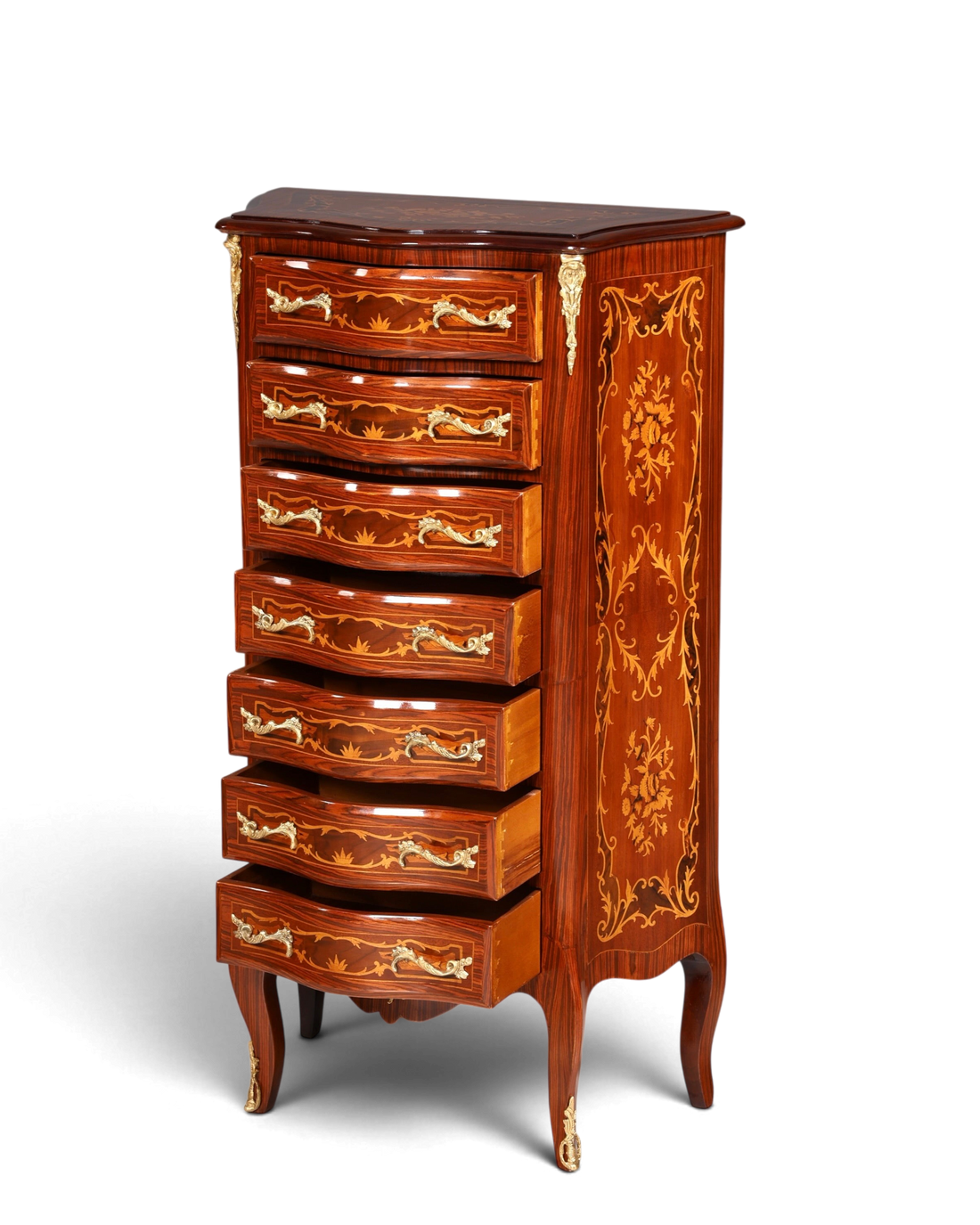 Stilvolles Barock Stil Louis XV Highboard Intarsien Vertiko Kommode Schubladenkommode