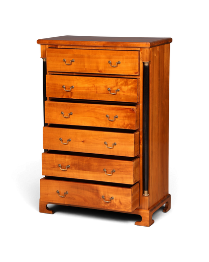 Hauptstadt Möblerei Kommode aus Kirschholz mit sechs Schubladen und schwarzen Säulendetails im klassischen Stil