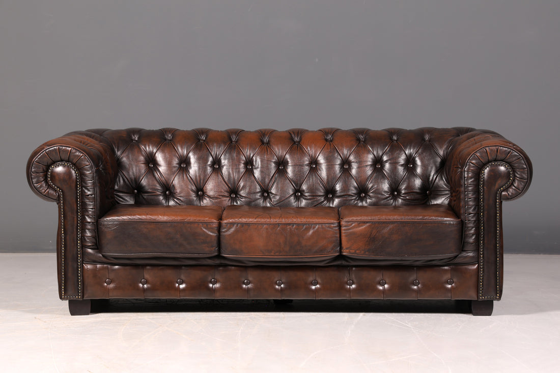Prachtige originele Chesterfield-bank, 3-zits, echt leren Engelse vintage leren bank