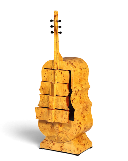 Traumhafte Art Deco Stil Kommode in Kontrabass Form Birke Vertiko Schubladenkommode Gitarren Kommode